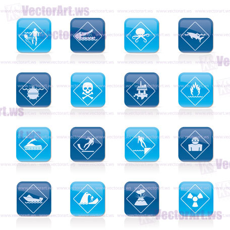 Warning Signs for dangers in sea, ocean, beach and rivers - vector icon set 1