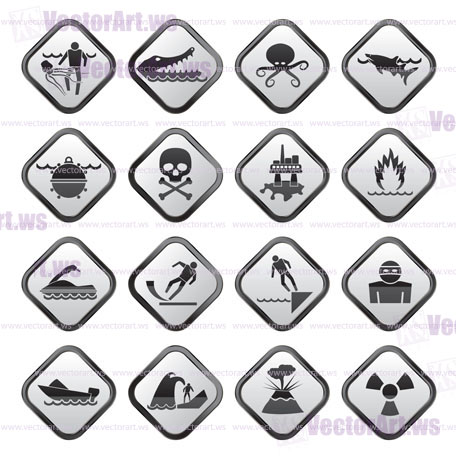 Warning Signs for dangers in sea, ocean, beach and rivers - vector icon set 1