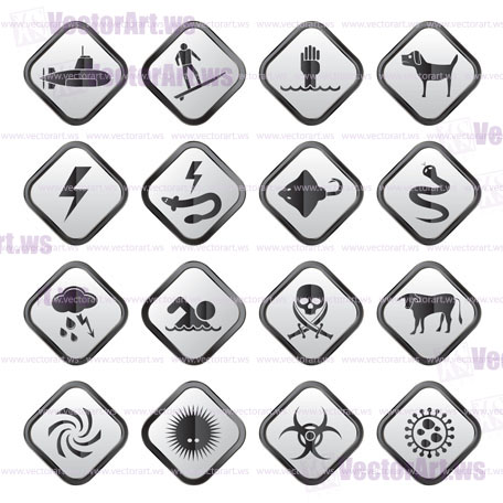 Warning Signs for dangers in sea, ocean, beach and rivers - vector icon set 2