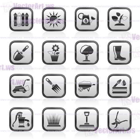 Gardening tools and objects icons - vector icon set