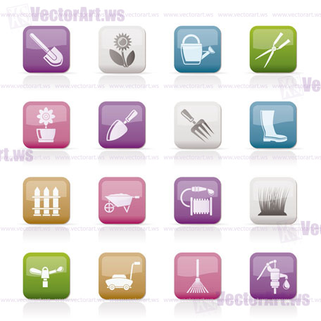 Garden and gardening tools and objects icons - vector icon set
