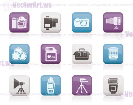 Photography equipment and tools icons - vector icon set