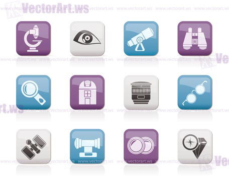 Optic and lens equipment icons - vector icon set