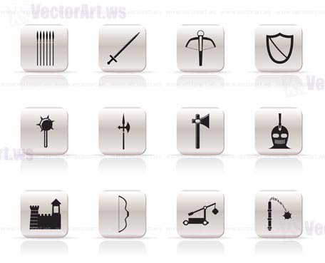 Simple medieval arms and objects icons - vector icon set