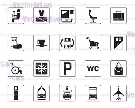 Airport, bus station and railway station icons set - vector illustration