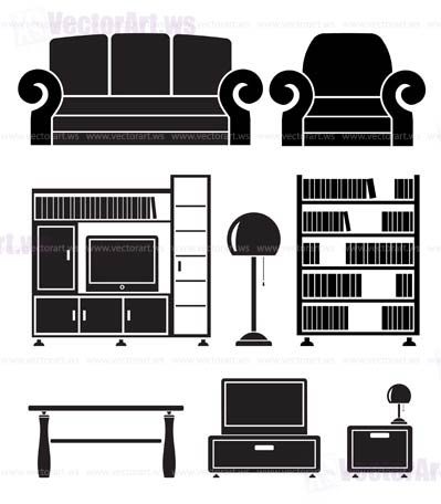 living room objects, furniture and equipment - vector illustration