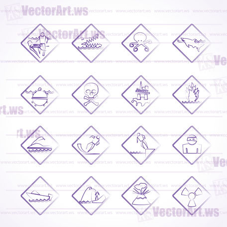 Warning Signs for dangers in sea, ocean, beach and rivers - vector icon set 1