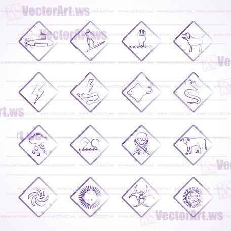 Warning Signs for dangers in sea, ocean, beach and rivers - vector icon set 2