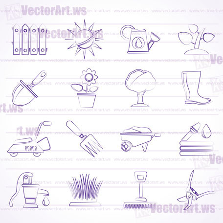 Gardening tools and objects icons - vector icon set