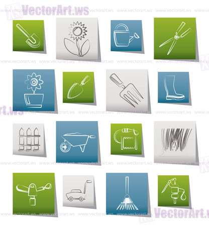 Garden and gardening tools and objects icons - vector icon set