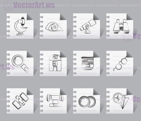 Optic and lens equipment icons - vector icon set