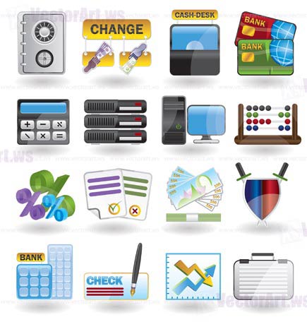 bank, business, finance and office icons - vector icon set