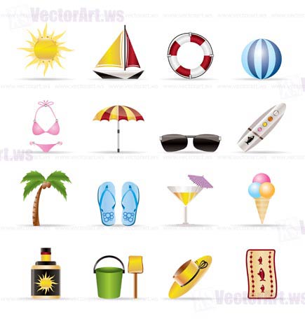Realistic Summer and Holiday Icons - Vector Icon Set