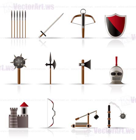 medieval arms and objects icons - vector icon set