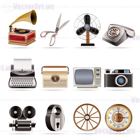 Retro business and office object icons - vector icon set