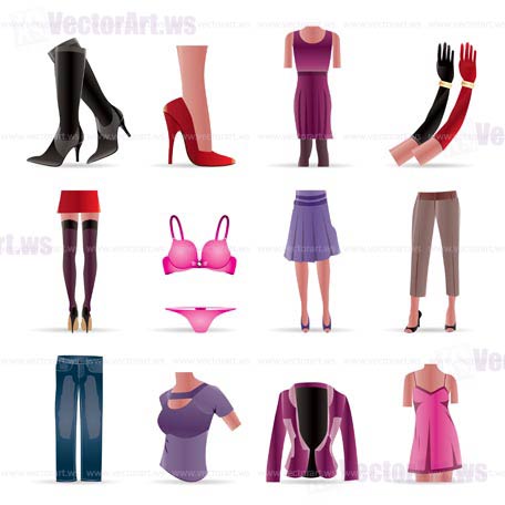 woman and female clothes icons - vector icon set