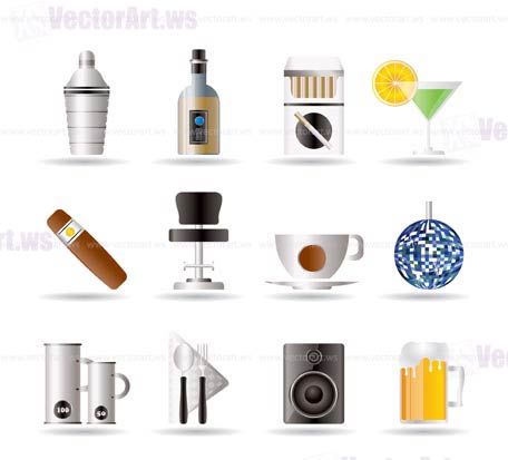 Night club, bar and drink icons - vector icon set