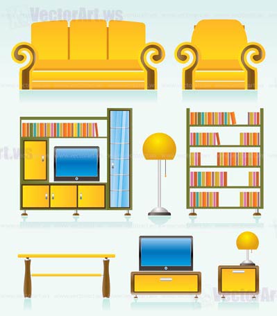 living room objects, furniture and equipment - vector illustration