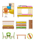 nursery and children room objects, furniture and equipment - vector illustration
