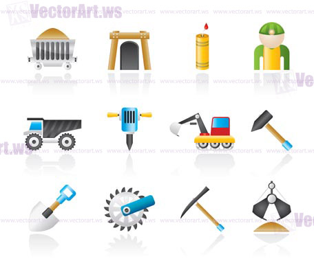 Mining and quarrying industry objects and icons - vector icon set