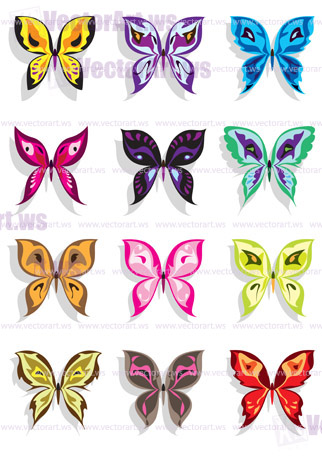 Butterfly with shadow in twelve variations - vector illustration