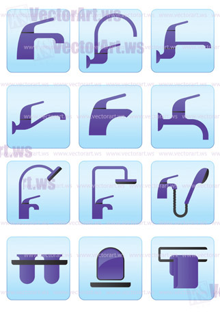 Water taps and bathroom accessories icons set- vector illustration