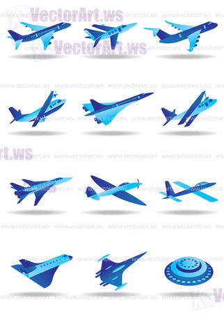 Different airplanes in flight icons set - vector illustration