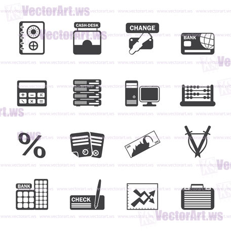 Silhouette bank, business, finance and office icons - vector icon set