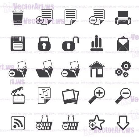 Silhouette 25 Simple Realistic Detailed Internet Icons - Vector Icon Set