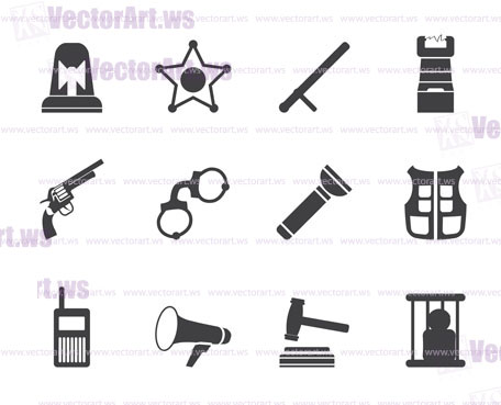 Silhouette law, order, police and crime icons - vector icon set