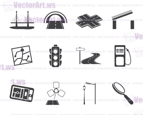 Silhouette Road, navigation and travel icons - vector icon set