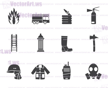 Silhouette fire-brigade and fireman equipment icon - vector icon set