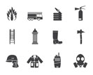 Silhouette fire-brigade and fireman equipment icon - vector icon set