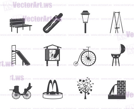 Silhouette Park objects and signs icon - vector icon set