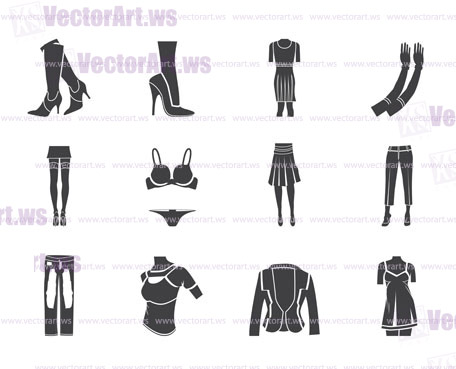 Silhouette woman and female clothes  icons - vector icon set