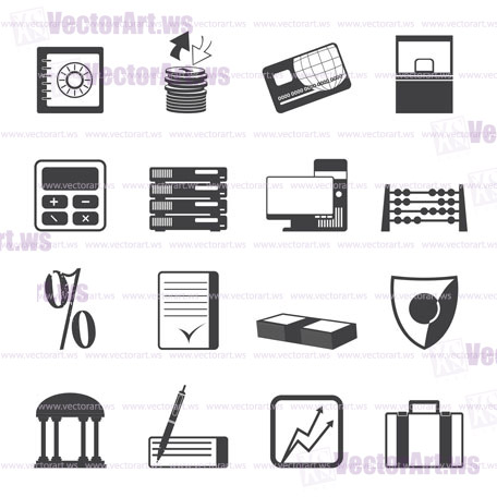 Silhouette bank, business, finance and office icons vector icon set
