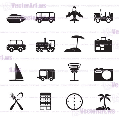 Silhouette Travel, transportation, tourism and holiday icons - vector icon set