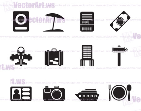 Silhouette travel, trip and holiday icons - vector icon set