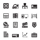 Silhouette bank, business, finance and office icons - vector icon set