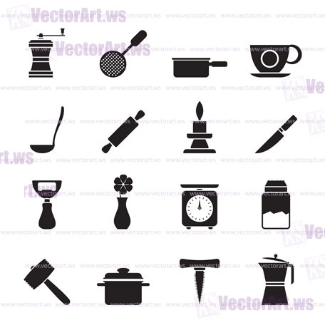 Silhouette Kitchen and household tools icons - vector icon set