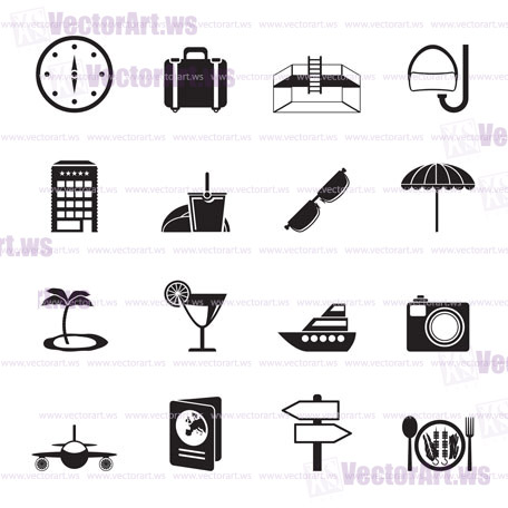 Silhouette travel, trip and tourism icons - vector icon set