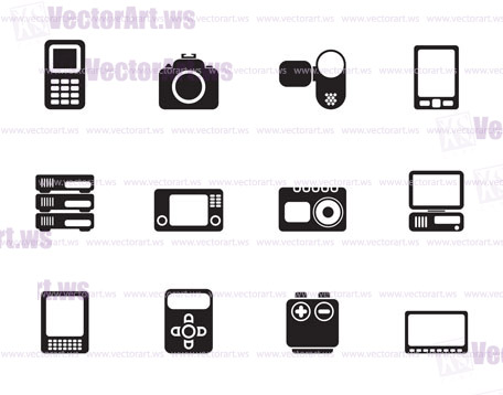 Silhouette technical, media and electronics icons - vector icon set
