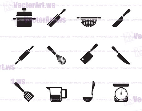 Silhouette Cooking equipment and tools icons - vector icon set