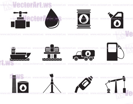 Silhouette oil and petrol industry objects icons - vector icon set