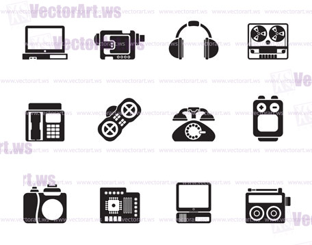 Silhouette electronics, media and technical equipment icons - vector icon set