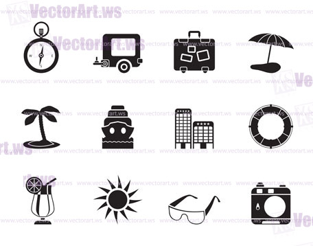 Silhouette Travel, Holiday and Trip Icons -  Vector Icon Set