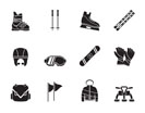 Silhouette ski and snowboard equipment icons - vector icon set