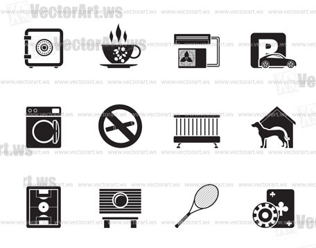 Silhouette hotel and motel amenity icons - vector icon set