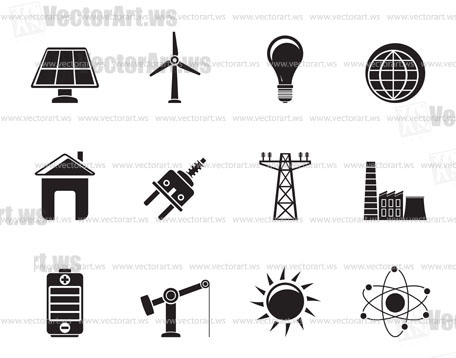 Silhouette power, energy and electricity icons - vector icon set