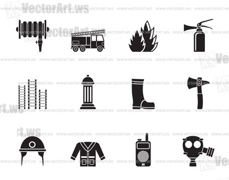 Silhouette fire-brigade and fireman equipment icon - vector icon set